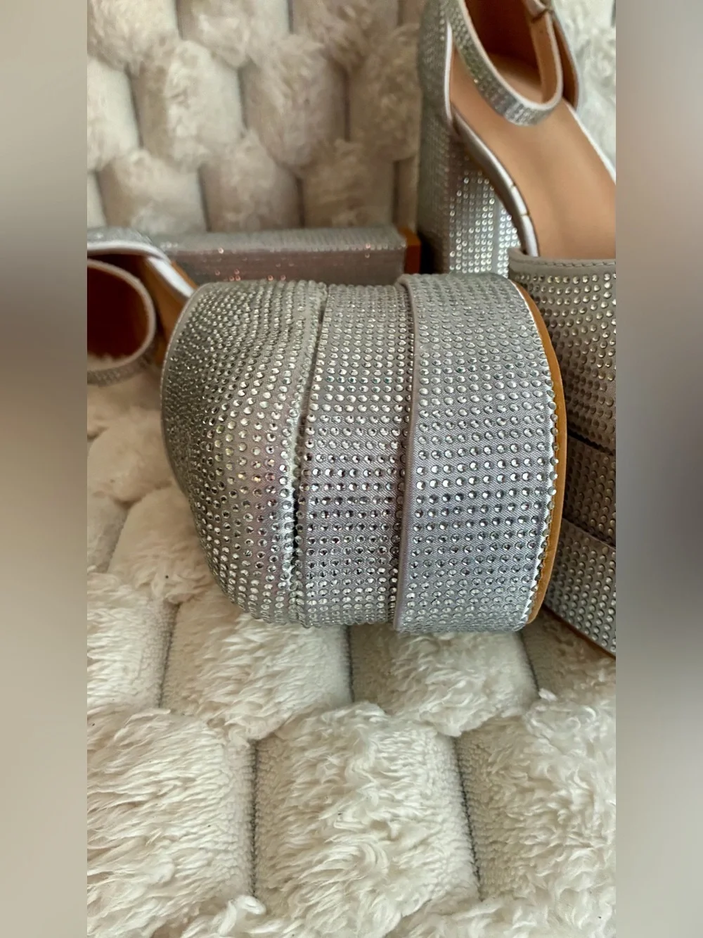 Silver Rhinestone Platform Block Heels with Ankle Strap